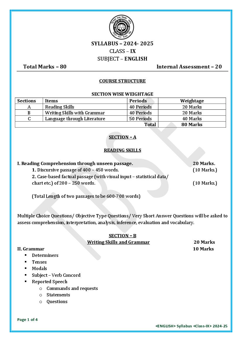 TBSE Class 9 Syllabus 2025 English - Page 1