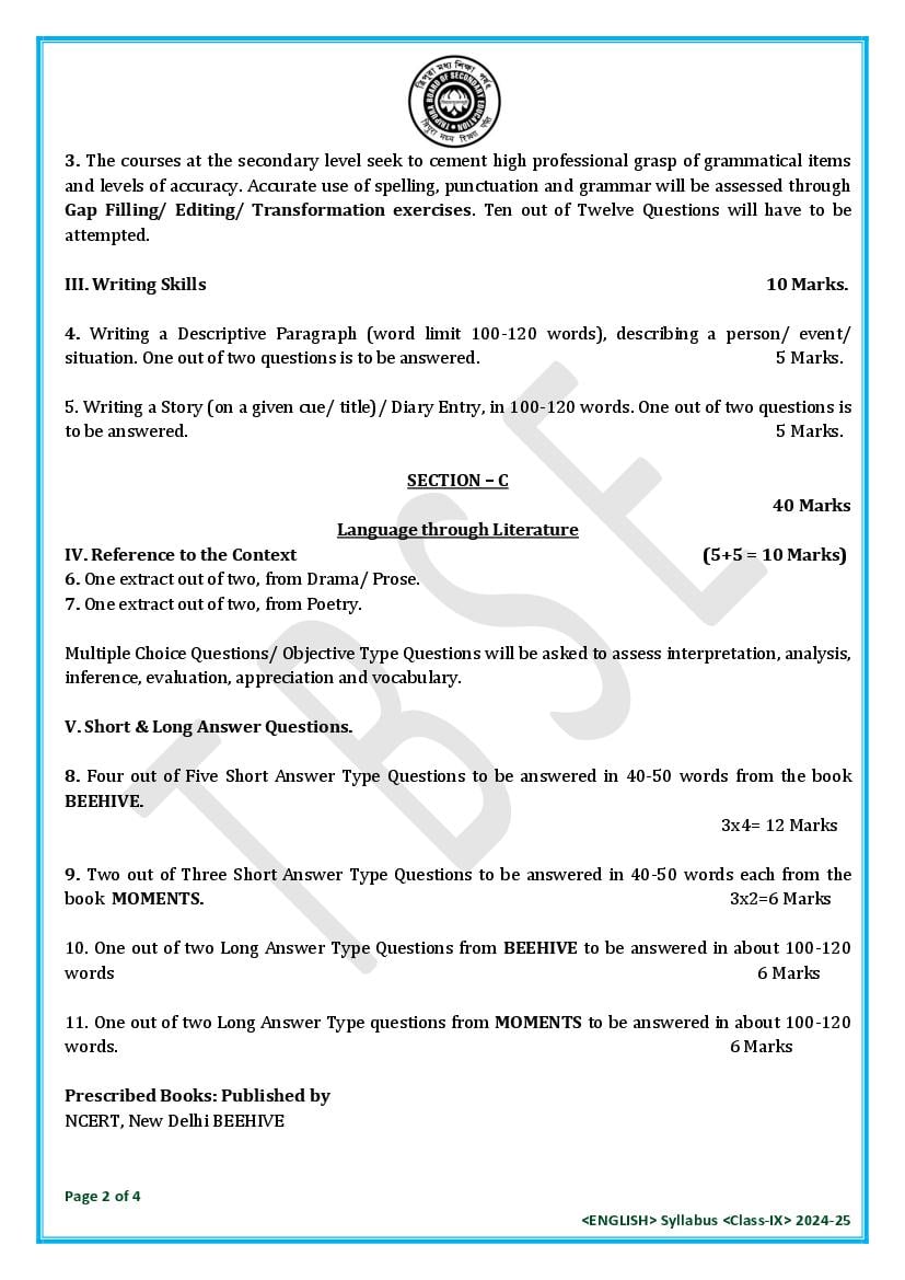 TBSE Class 9 English Syllabus 2025 (PDF) – Tripura Board Syllabus for 9th English