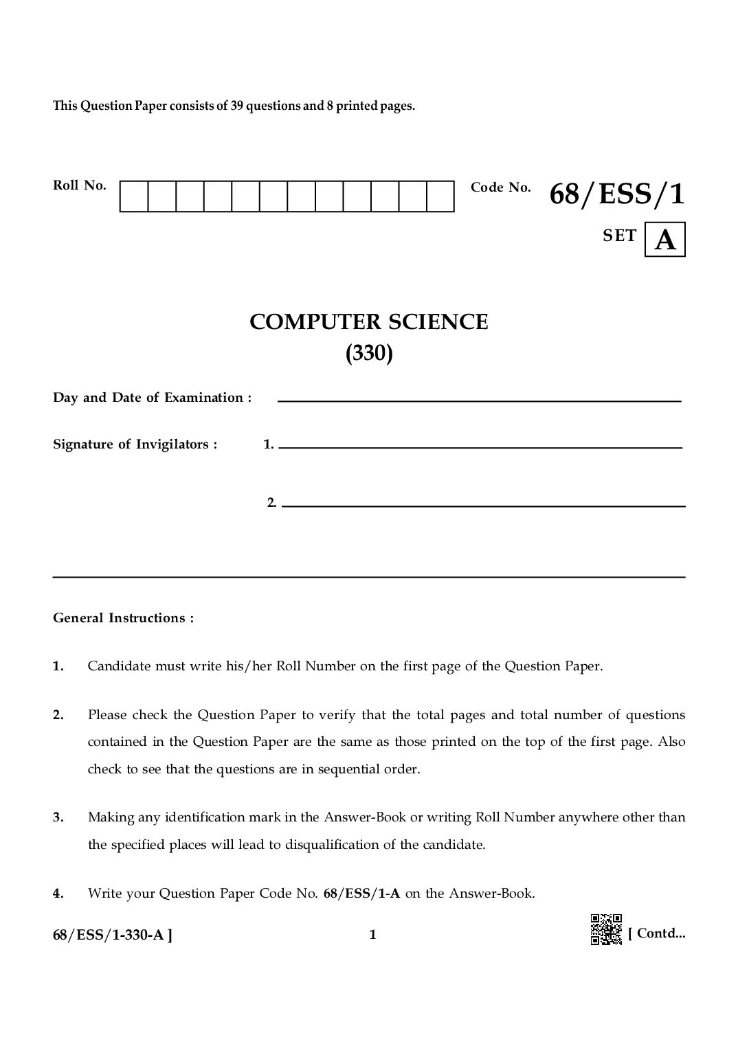 NIOS Class 12 October 2024 Question Paper Computer Science - Page 1 of 8