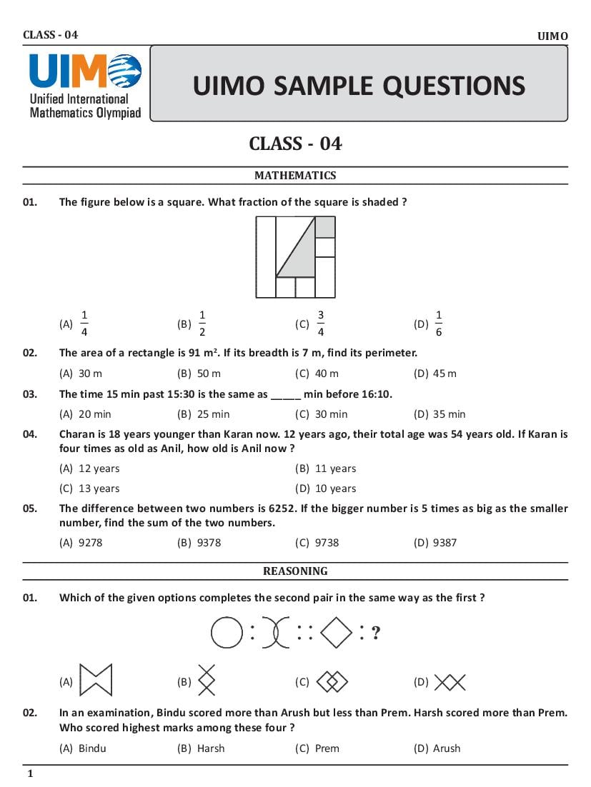 UIMO Sample Paper Class 4 - Page 1