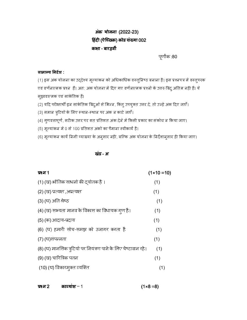 CBSE Class 12 Sample Paper 2023 Solution Hindi Elective - Page 1