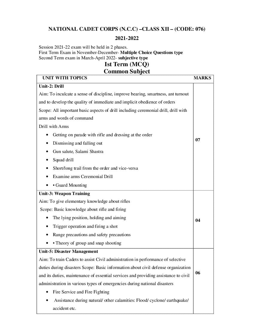 CBSE Class 12 Term Wise Syllabus 2021-22 NCC - Page 1
