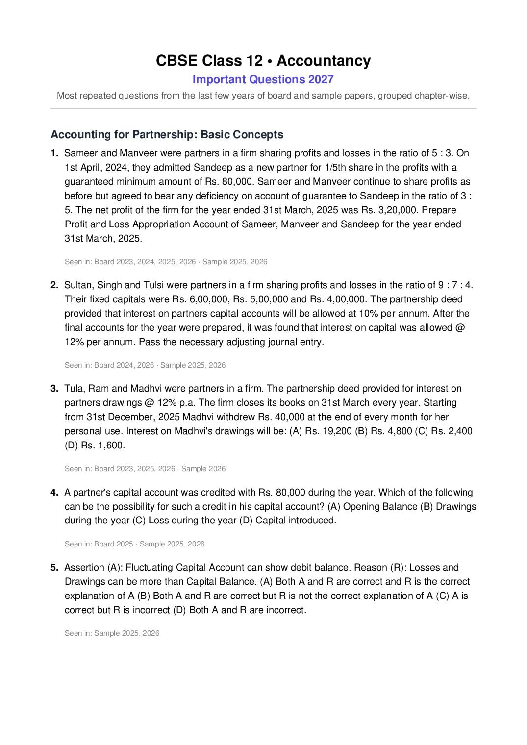 CBSE Class 12 Important Questions 2027 Accountancy - Page 1 of 14