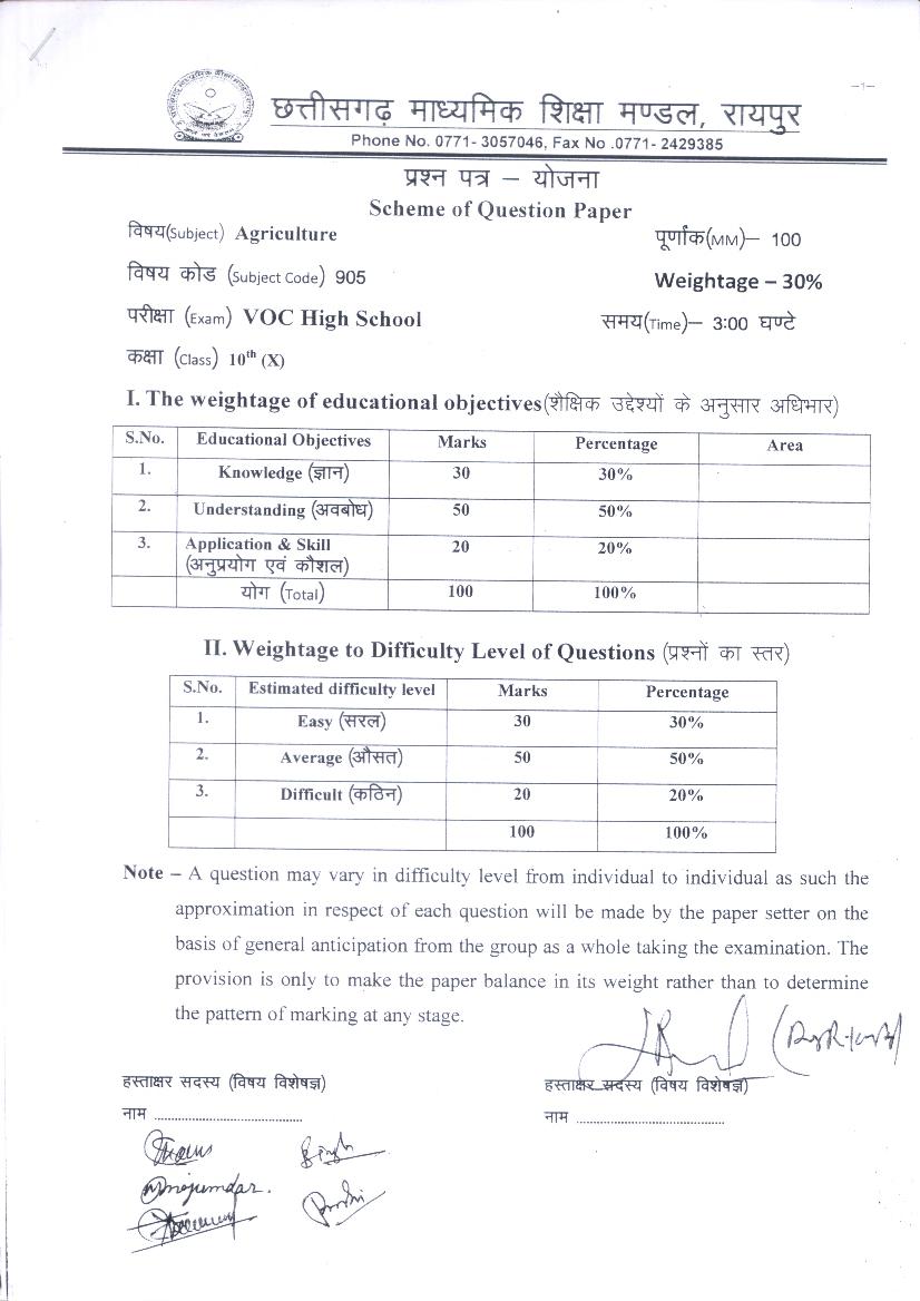 CG Board 10th Question Paper Scheme 2020 Agriculture - Page 1