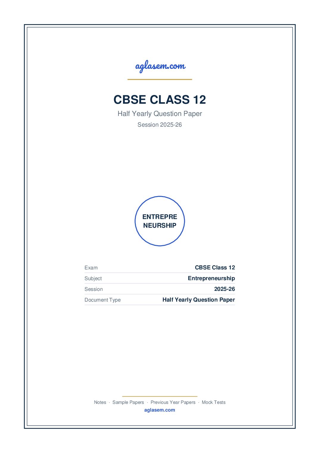 Class 12 Half Yearly Question Paper 2025-26 Entrepreneurship - Page 1 of 7