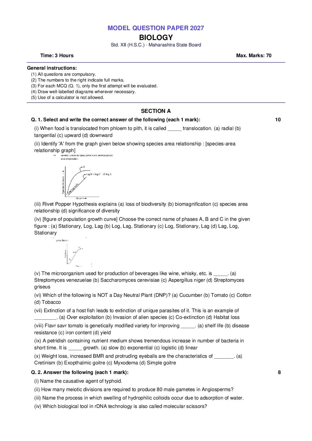 Maharashtra 12th Std Model Question Paper 2027 Biology - Page 1 of 3