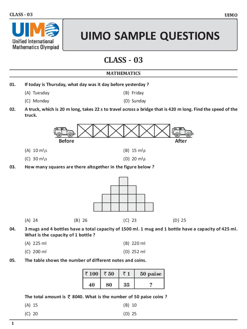 UIMO Sample Paper Class 3 - Page 1