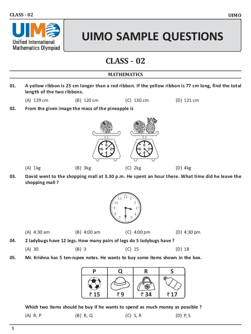 UIMO Sample Paper 2023 Class 2 - Page 1