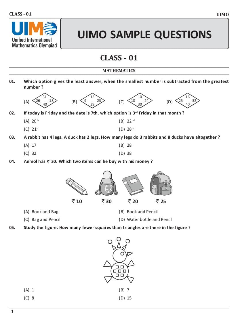 UIMO Sample Paper Class 1 - Page 1