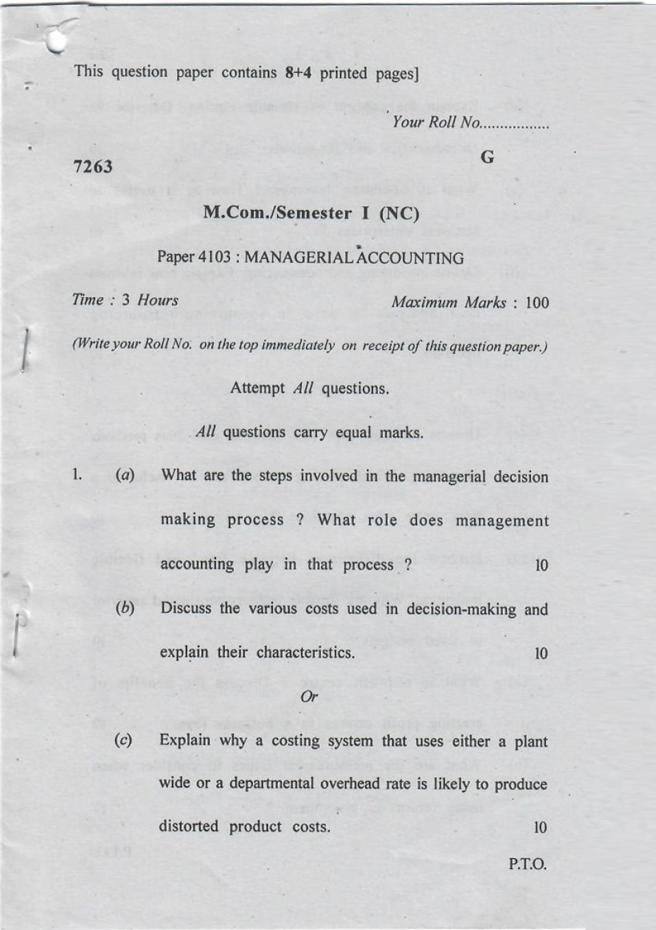 DU SOL M.Com Question Paper 1st Year 2017 Sem 1 Managerial Accounting - Page 1