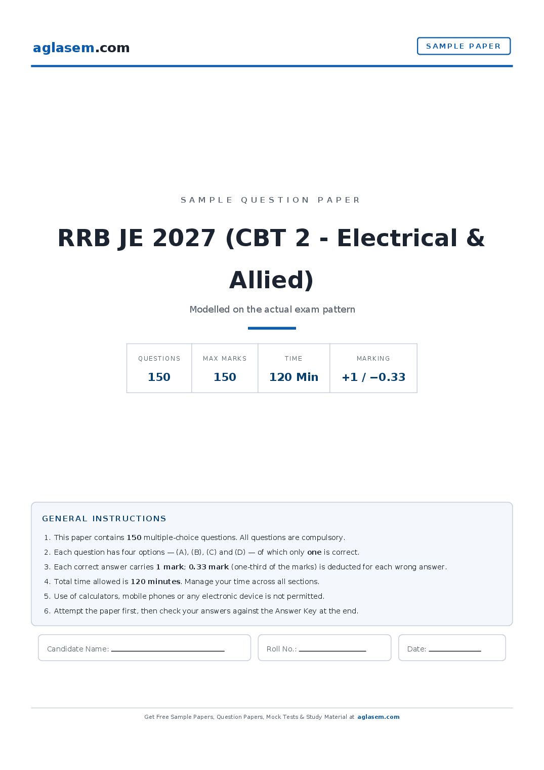 RRB JE 2027 Sample Paper (CBT 2 - Electrical & Allied) - Page 1 of 20