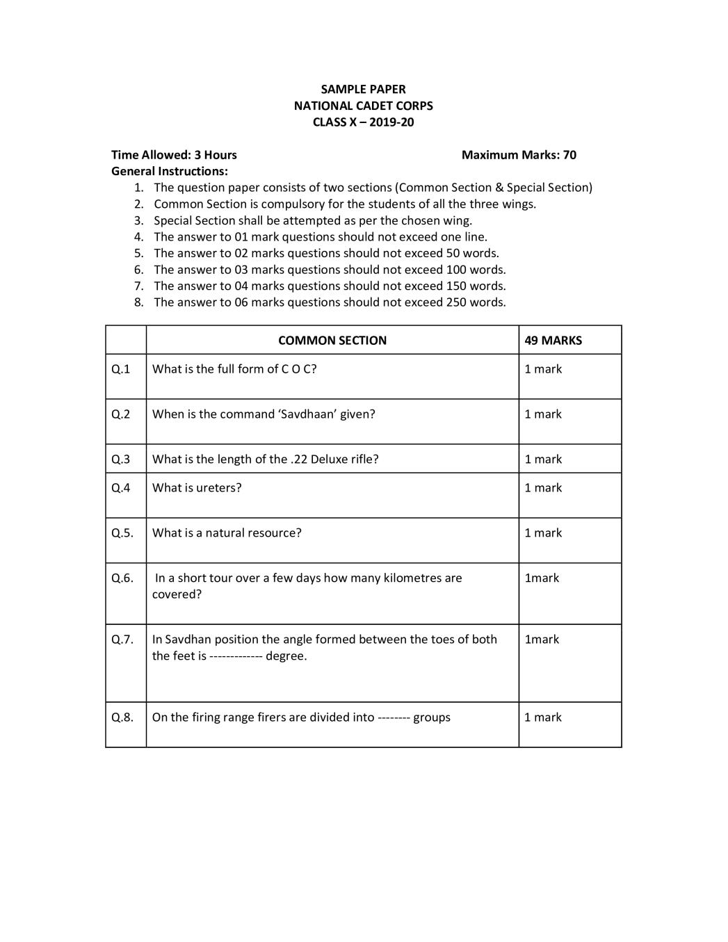 CBSE Class 10 Sample Paper 2020 for NCC - Page 1