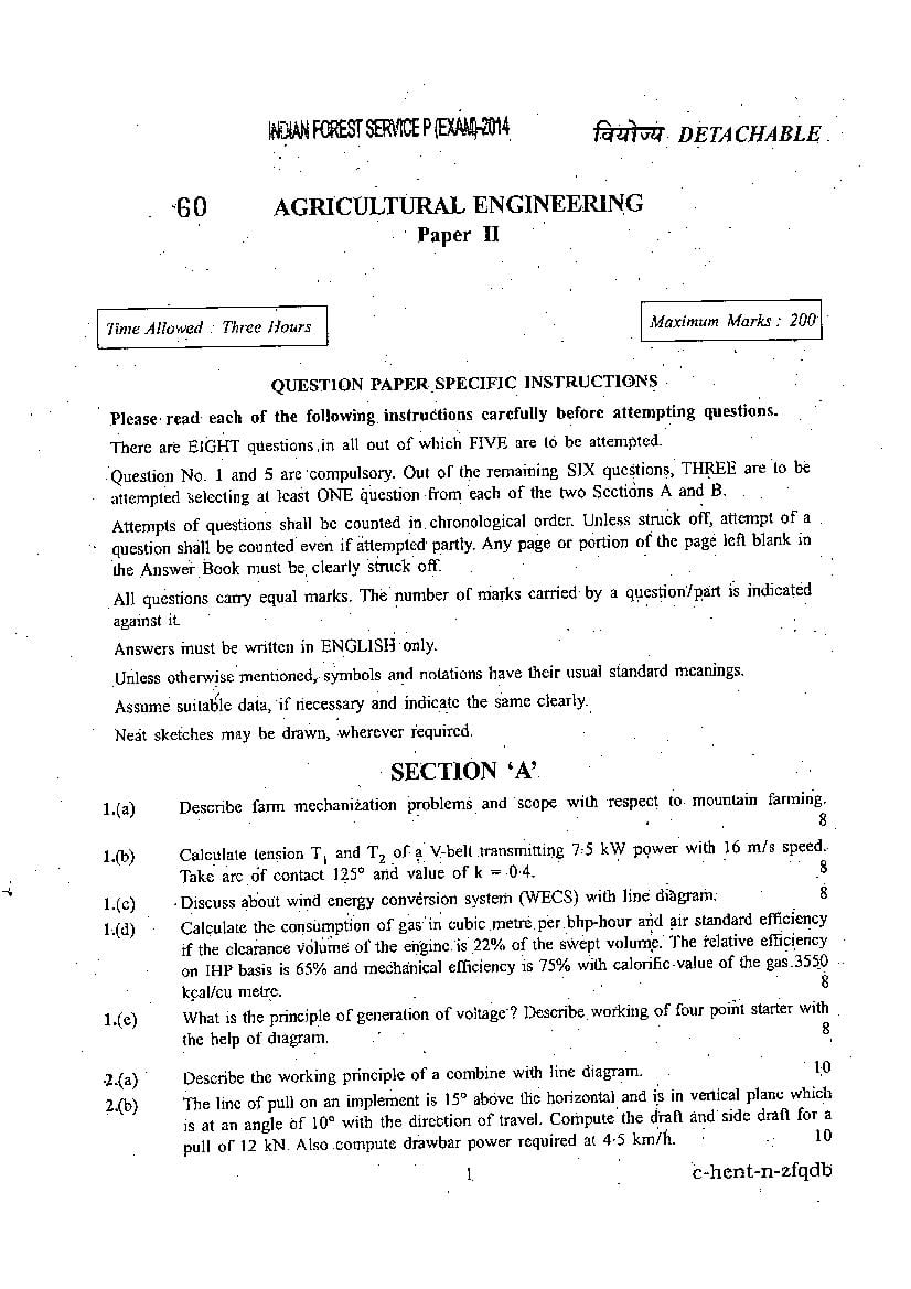 UPSC IFS 2014 Question Paper for Agricultural Engineering Paper II - Page 1
