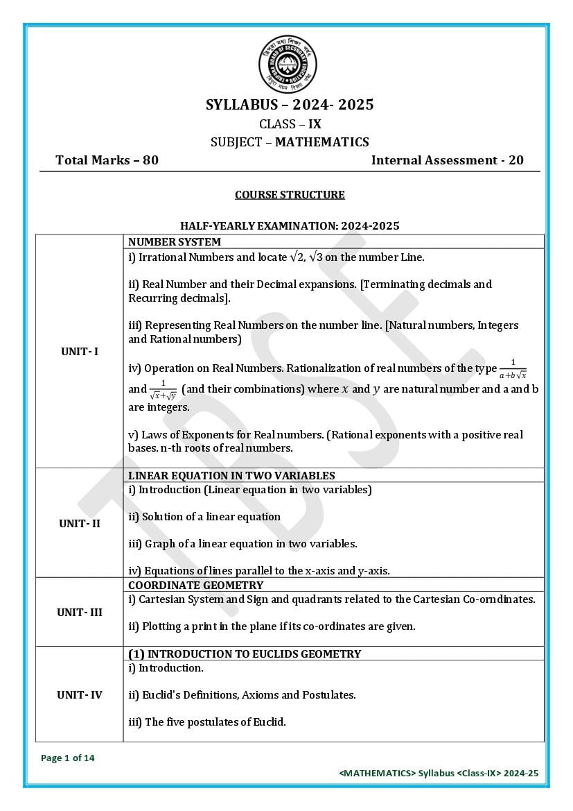 TBSE Class 9 Syllabus 2025 Mathematics - Page 1