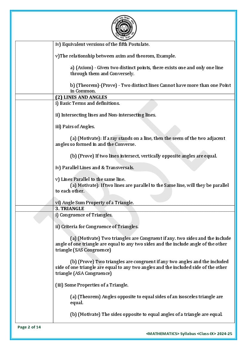 TBSE Class 9 Maths Syllabus 2025 (PDF) – Tripura Board Syllabus for 9th Maths