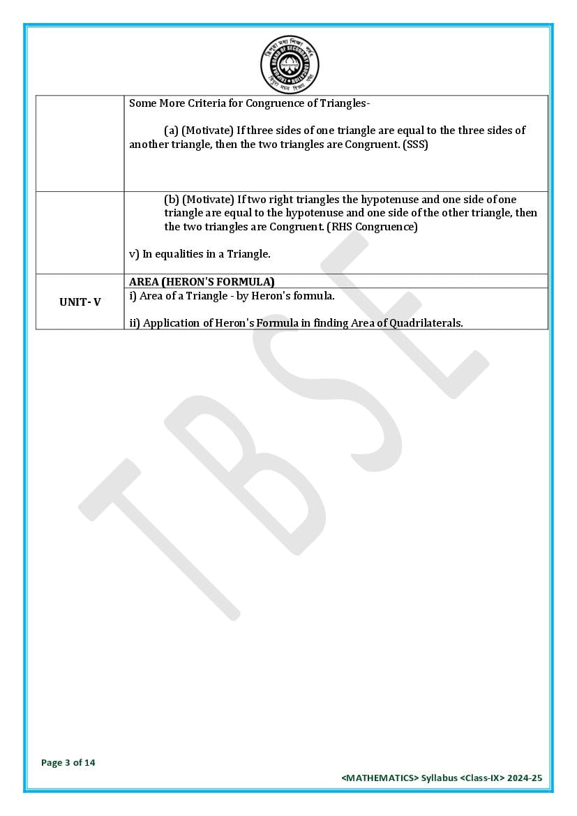 TBSE Class 9 Maths Syllabus 2025 (PDF) – Tripura Board Syllabus for 9th Maths