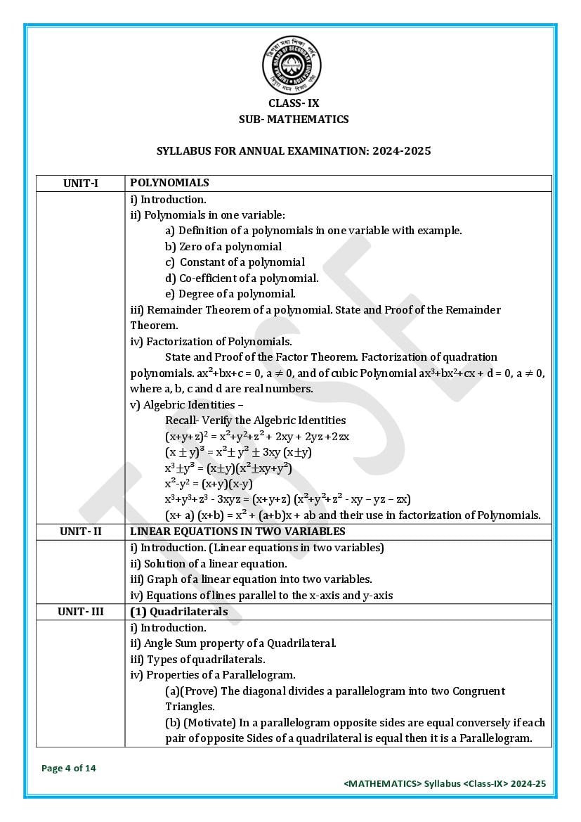 TBSE Class 9 Maths Syllabus 2025 (PDF) – Tripura Board Syllabus for 9th Maths
