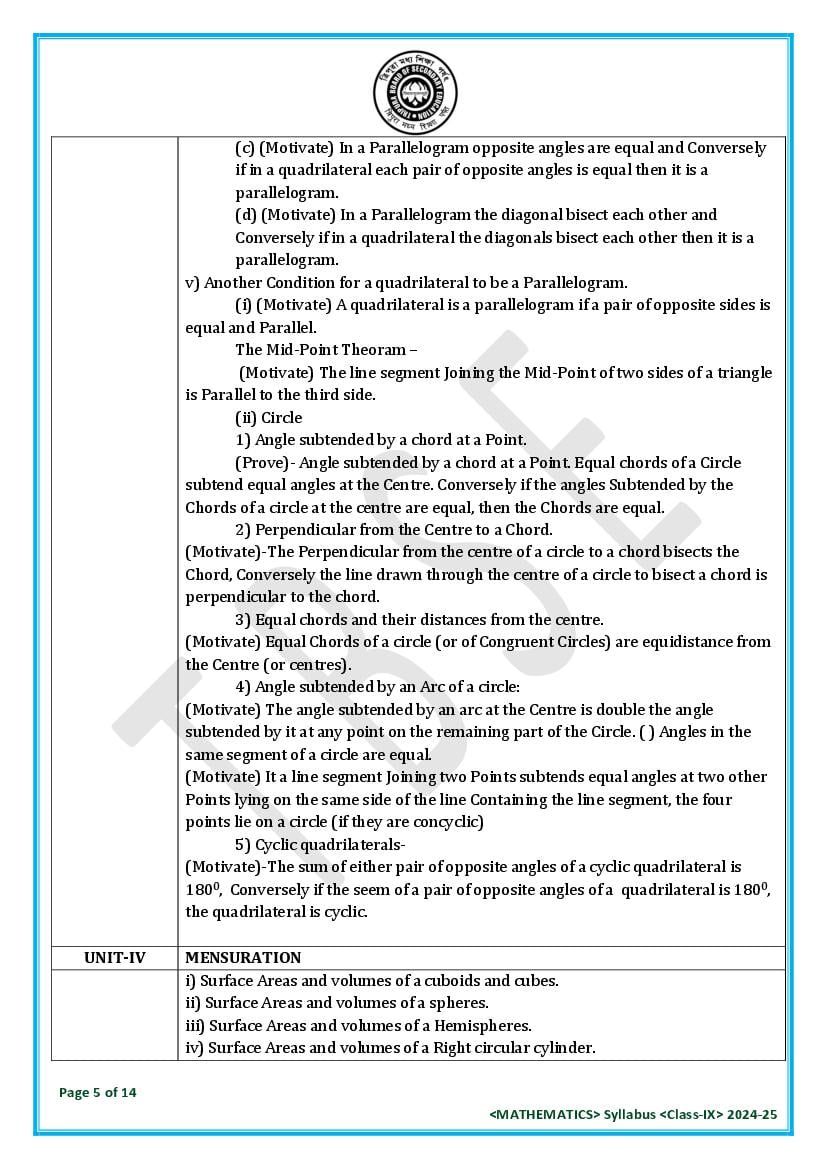 TBSE Class 9 Maths Syllabus 2025 (PDF) – Tripura Board Syllabus for 9th Maths