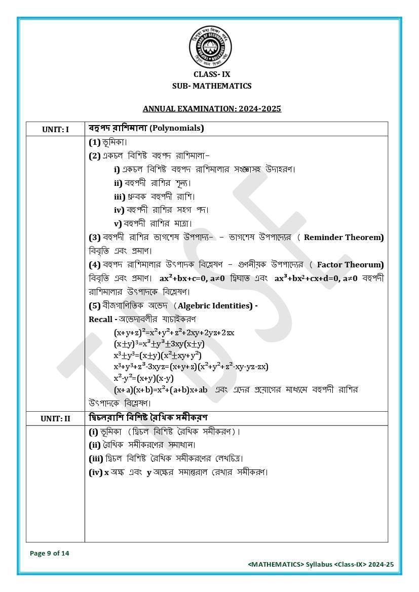 TBSE Class 9 Maths Syllabus 2025 (PDF) – Tripura Board Syllabus for 9th Maths