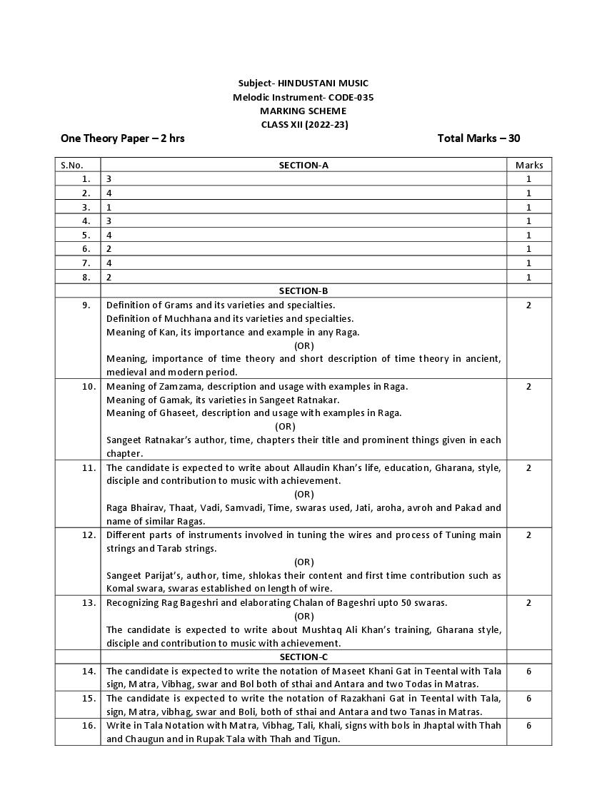 CBSE Class 12 Sample Paper 2023 Solution Hindustani Melodic - Page 1