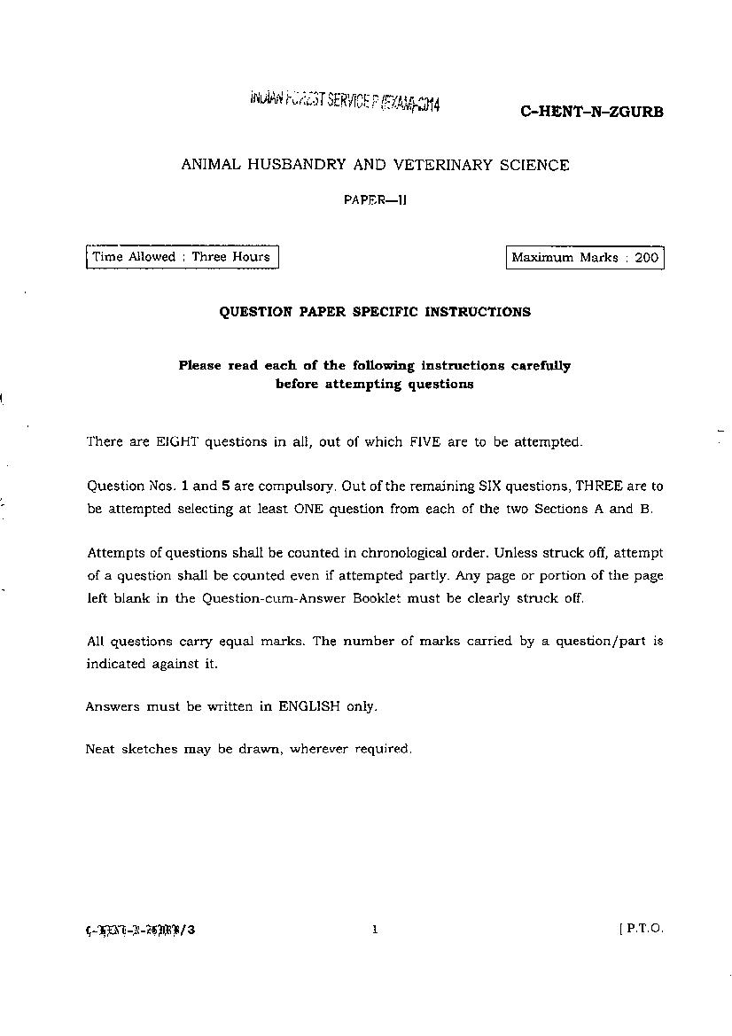 UPSC IFS 2014 Question Paper for Animal Husbandary & Veterinary Science Paper II - Page 1