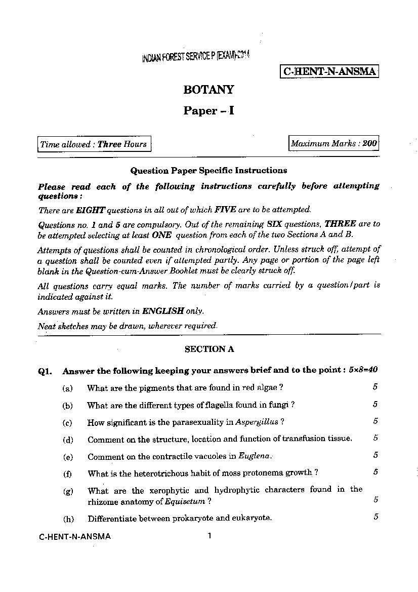 UPSC IFS 2014 Question Paper for Botony Paper I - Page 1