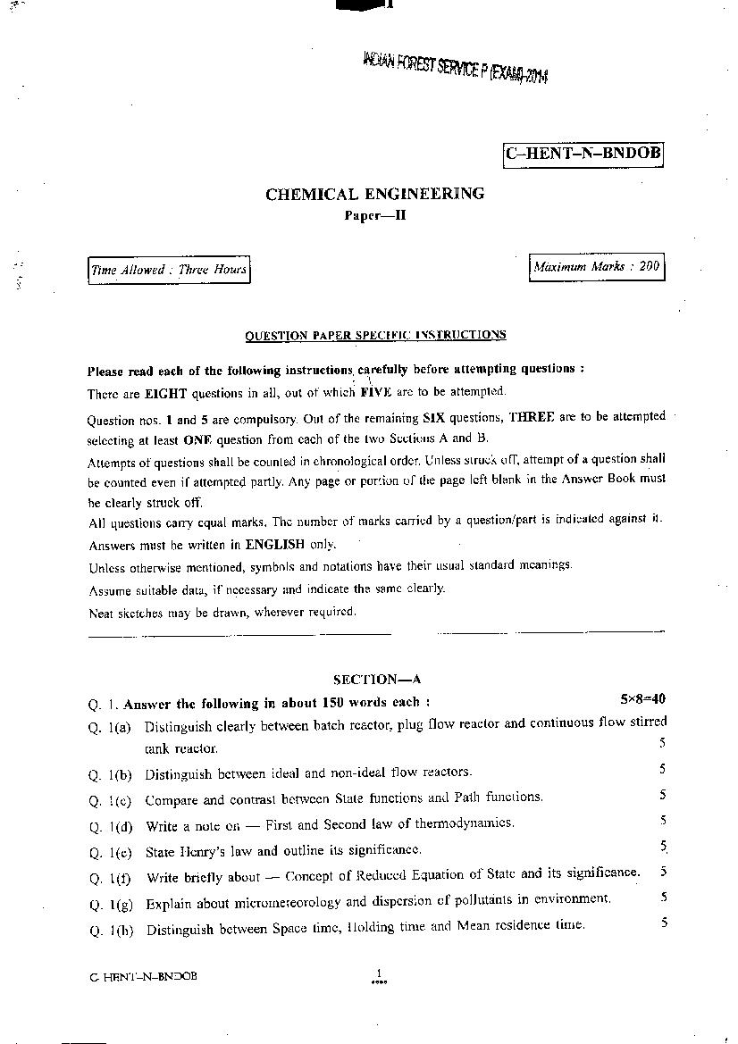 UPSC IFS 2014 Question Paper for Chemical Engineering Paper II - Page 1