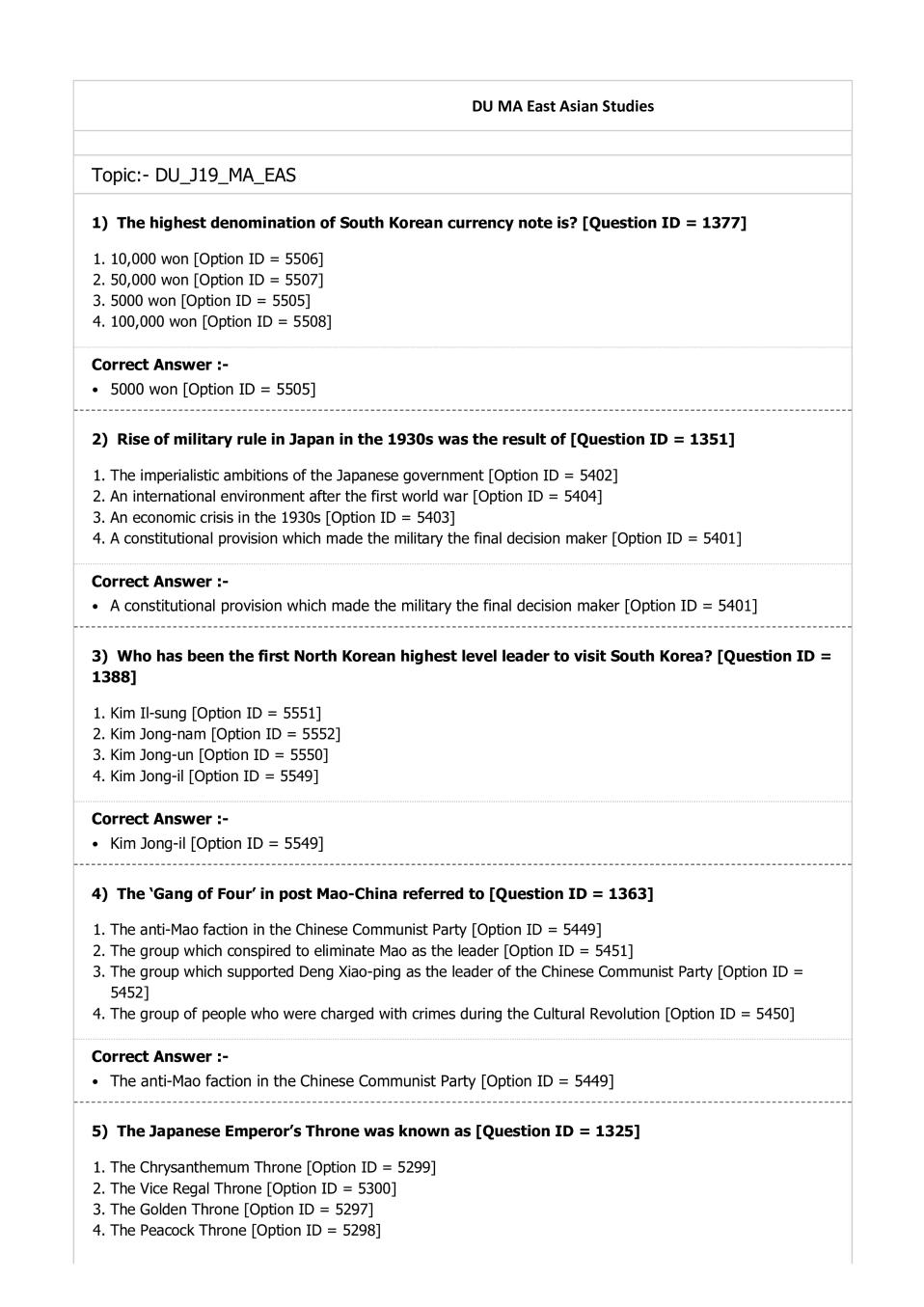 DUET Question Paper 2019 for MA East Asian Studies - Page 1