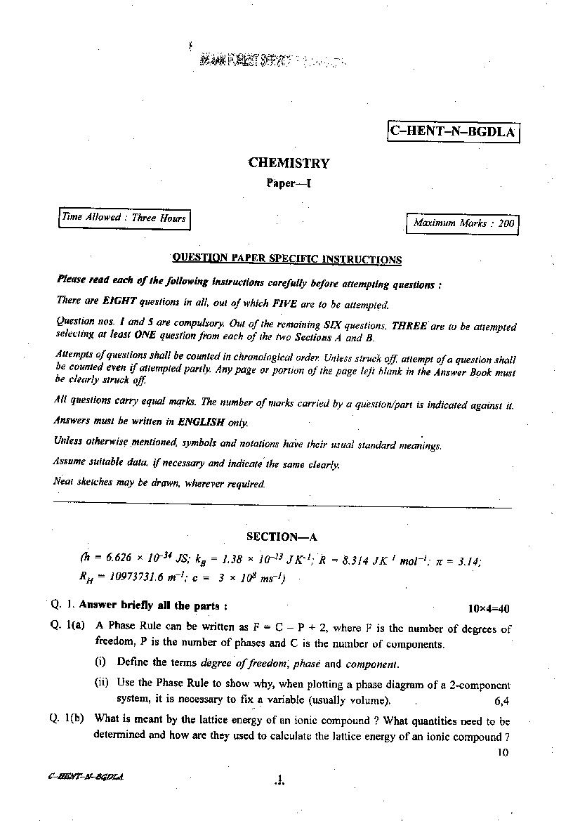 UPSC IFS 2014 Question Paper for Chemistry Paper I - Page 1
