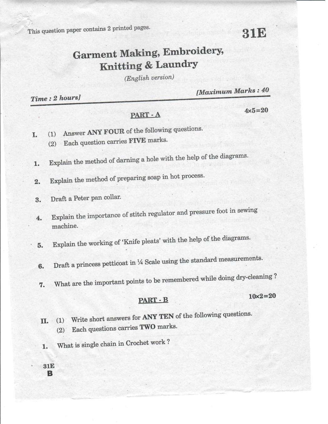 AP 10th Class Question Paper 2019 Garment Making, Knitting, Embroidery And Laundry (English Medium) - Page 1