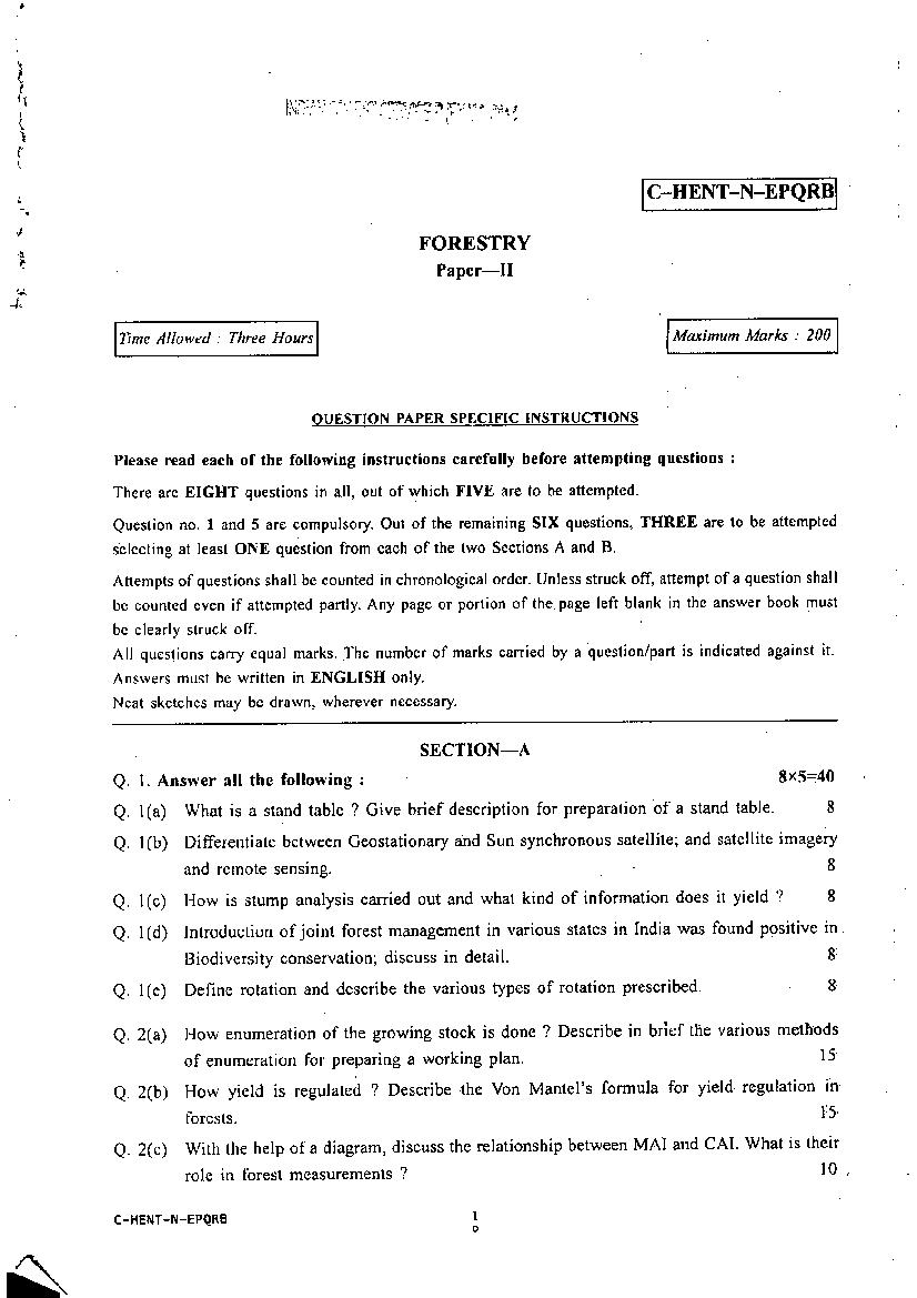 UPSC IFS 2014 Question Paper for Forestry Paper II - Page 1