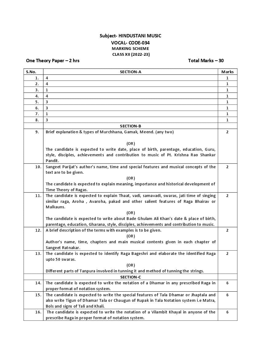 CBSE Class 12 Sample Paper 2023 Solution Hindustani Vocal - Page 1