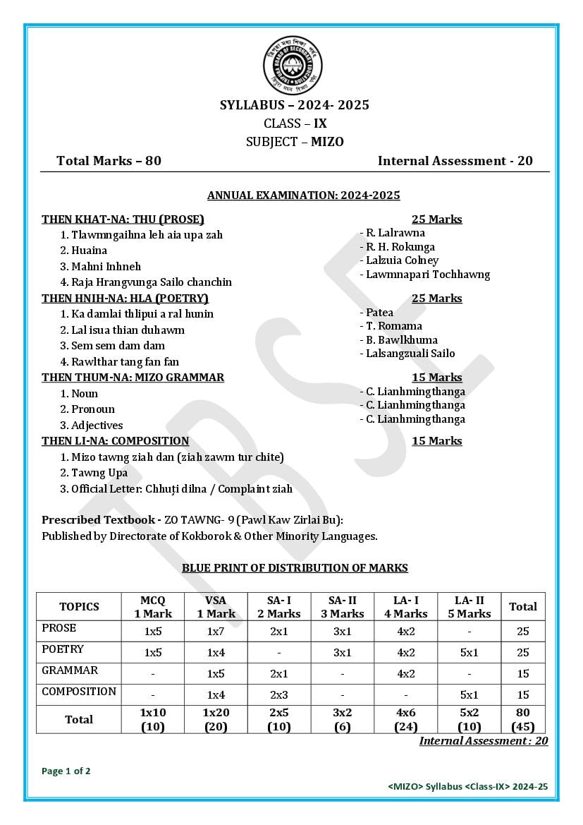 TBSE Class 9 Syllabus 2025 Mizo - Page 1