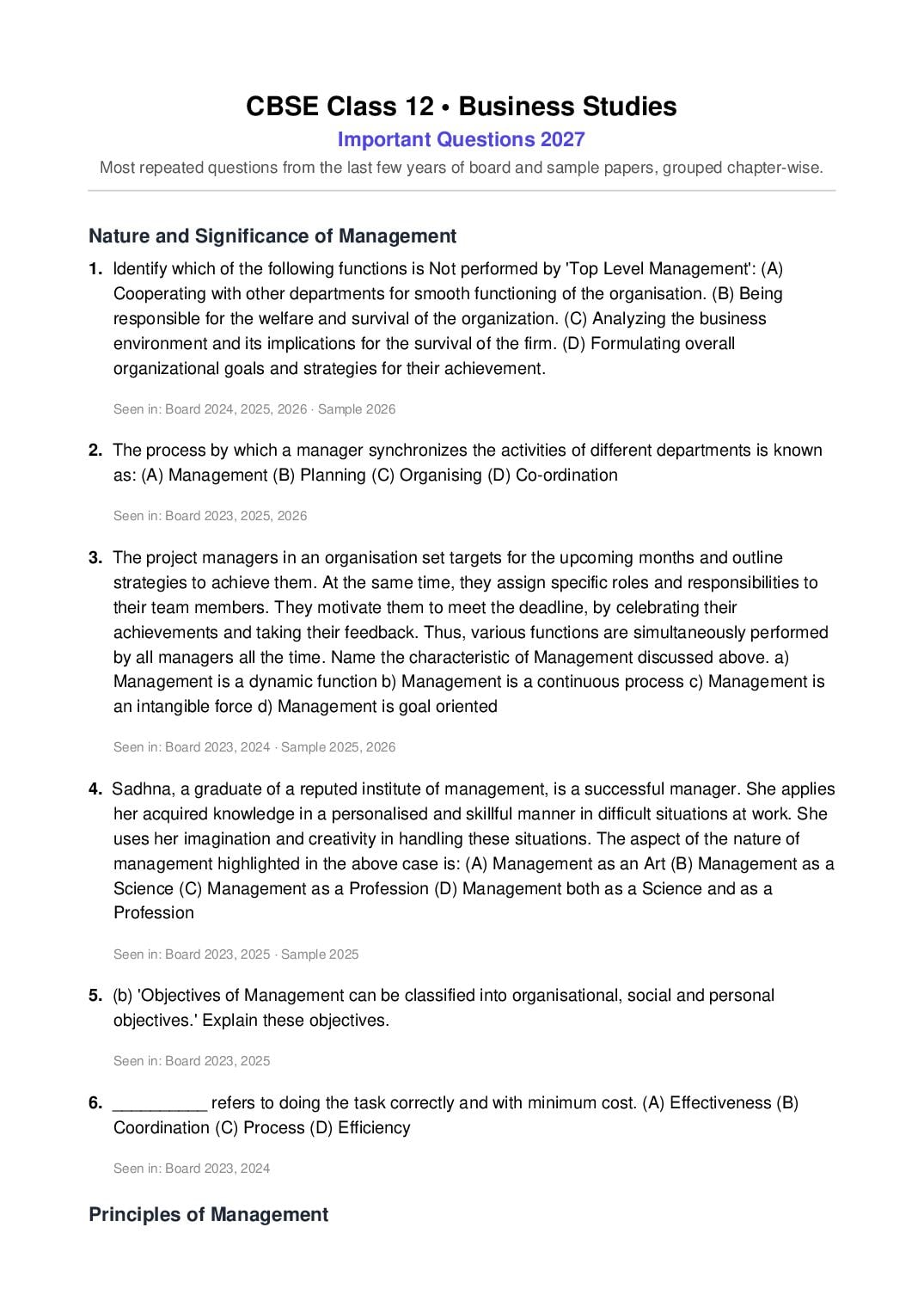 CBSE Class 12 Important Questions 2027 Business Studies - Page 1 of 14