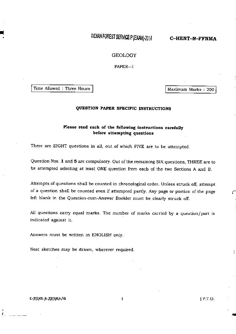 UPSC IFS 2014 Question Paper for Geology Paper I - Page 1