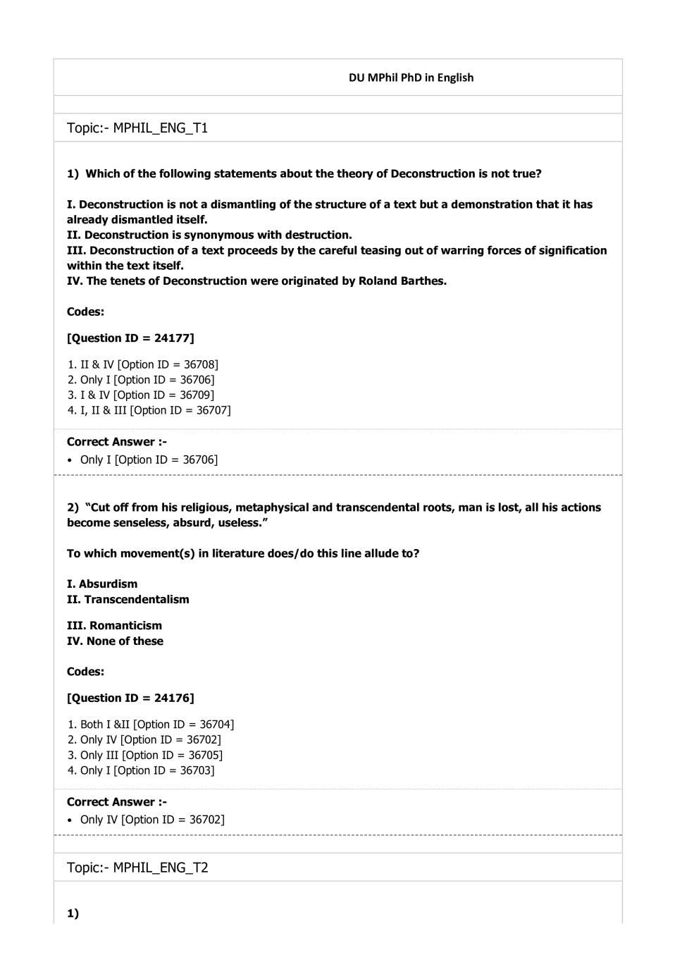 DUET Question Paper 2019 for M.Phil Ph.D English - Page 1