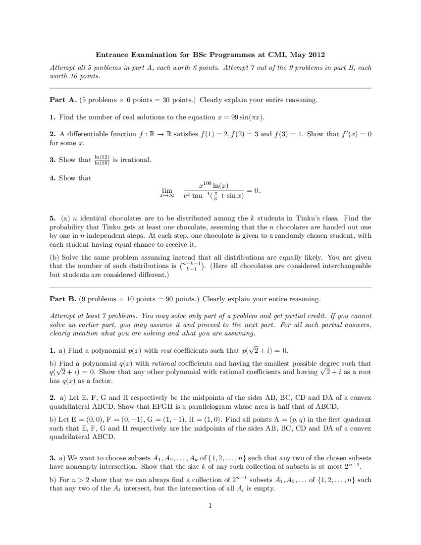 CMI Entrance Exam 2012 Question Paper for B.Sc (Hons.) Mathematics and Computer Science - Page 1