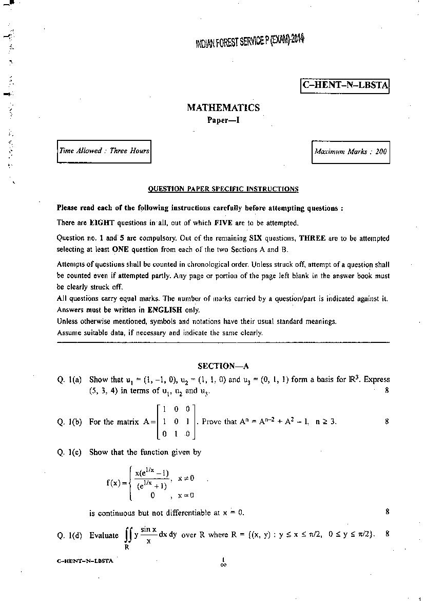 UPSC IFS 2014 Question Paper for Mathematics Paper I - Page 1
