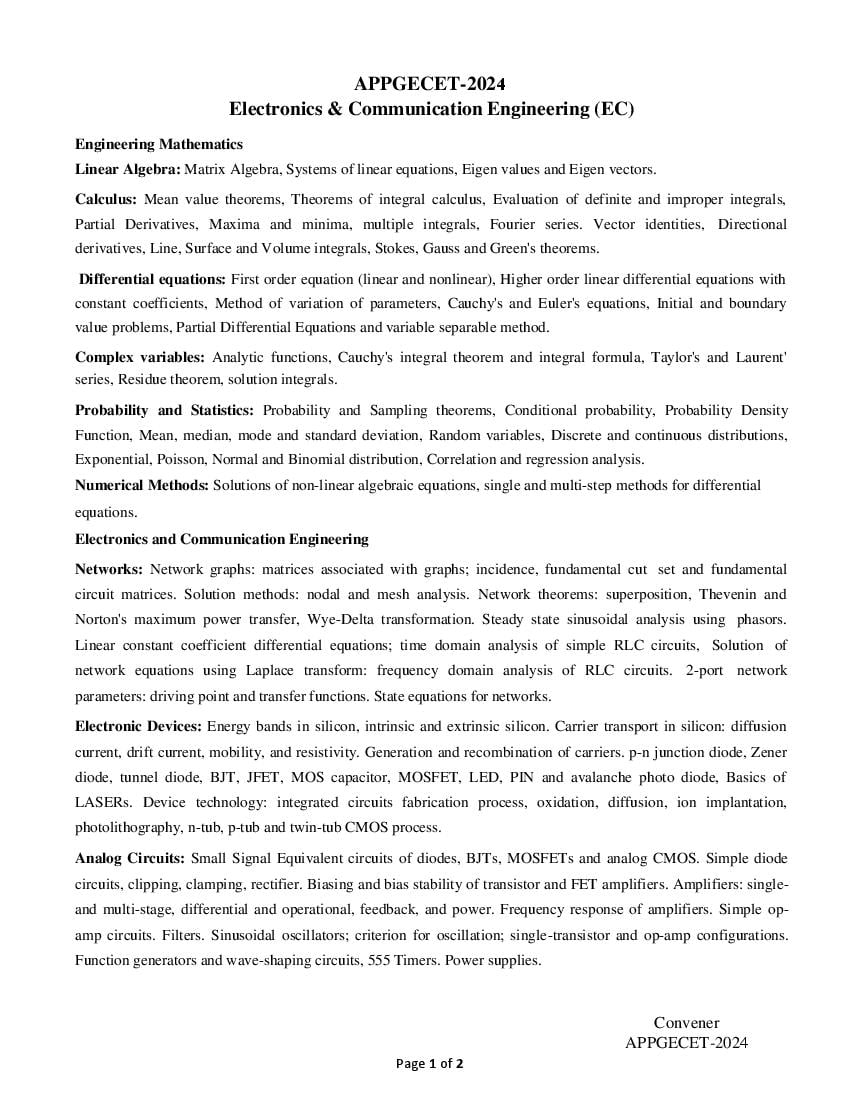 AP PGECET 2024 Syllabus Electronics & Communication Engineering - Page 1