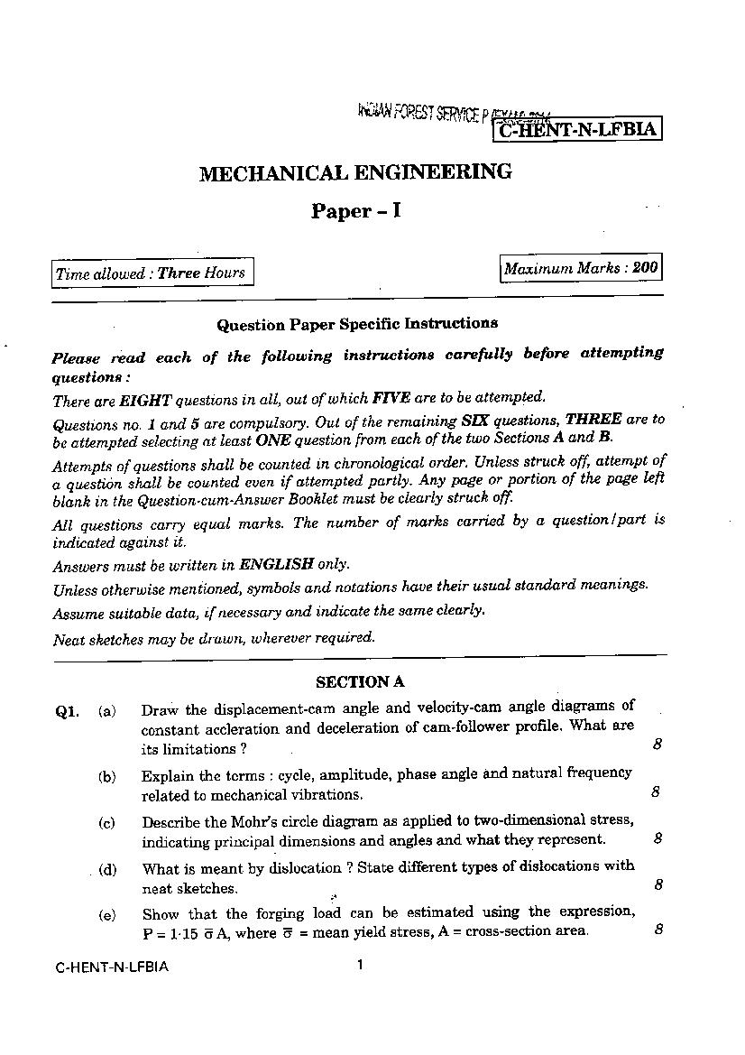 UPSC IFS 2014 Question Paper for Mechanical Engineering Paper I - Page 1
