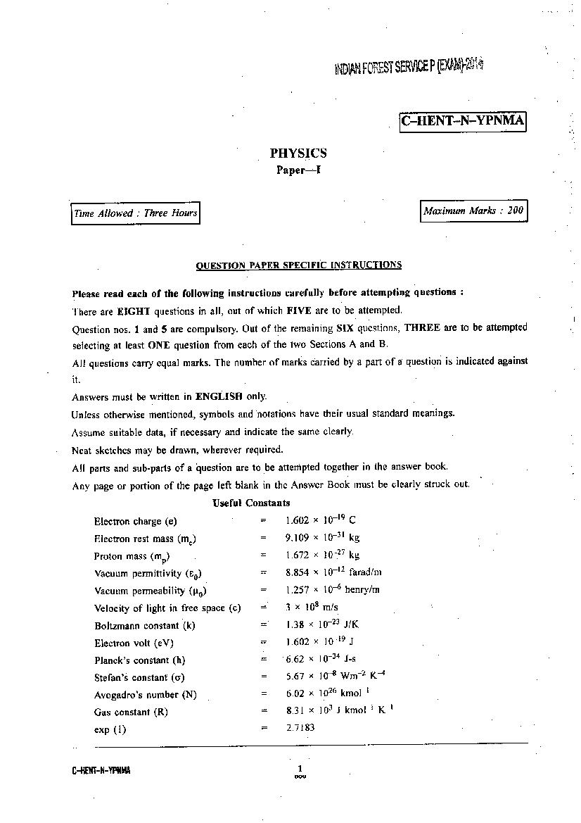 UPSC IFS 2014 Question Paper for Physics Paper I - Page 1