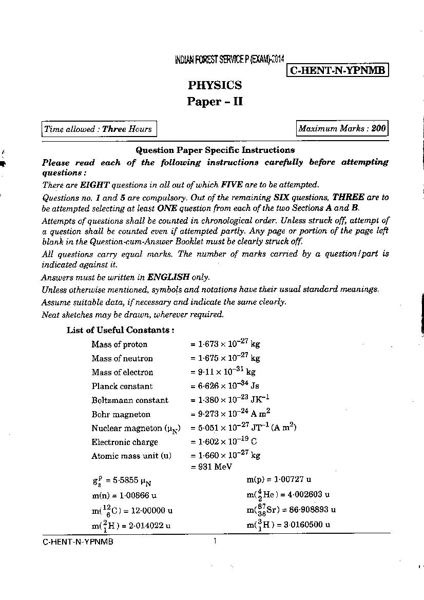 UPSC IFS 2014 Question Paper for Physics Paper II - Page 1