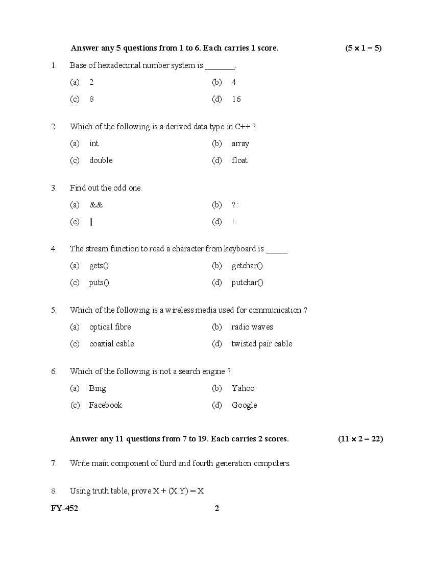 Kerala Plus One Computer Science and Information Technology Question ...