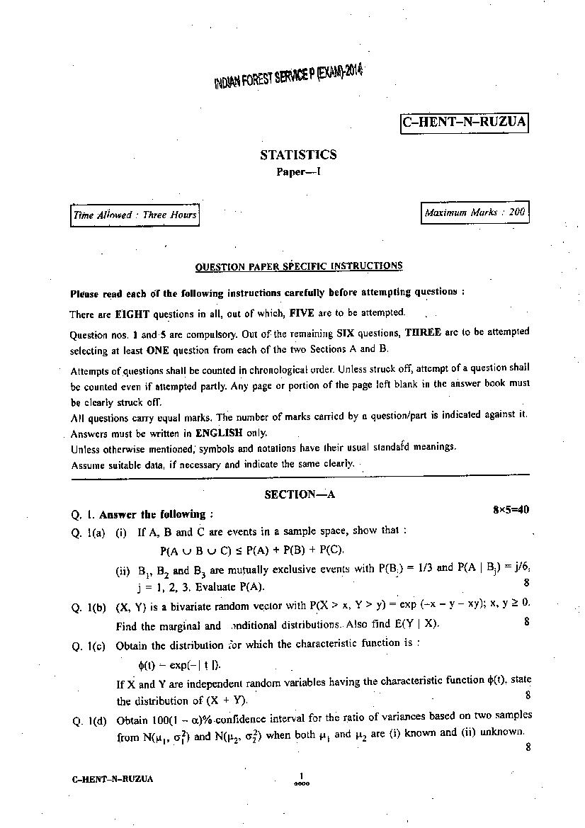 UPSC IFS 2014 Question Paper for Statistics Paper I - Page 1