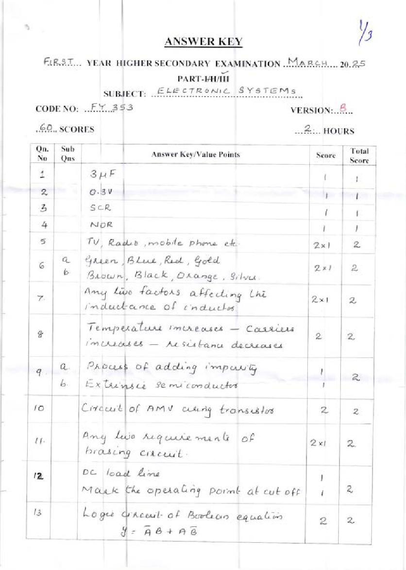 Kerala Plus One Answer Key 2025 Electronic Systems - Page 1