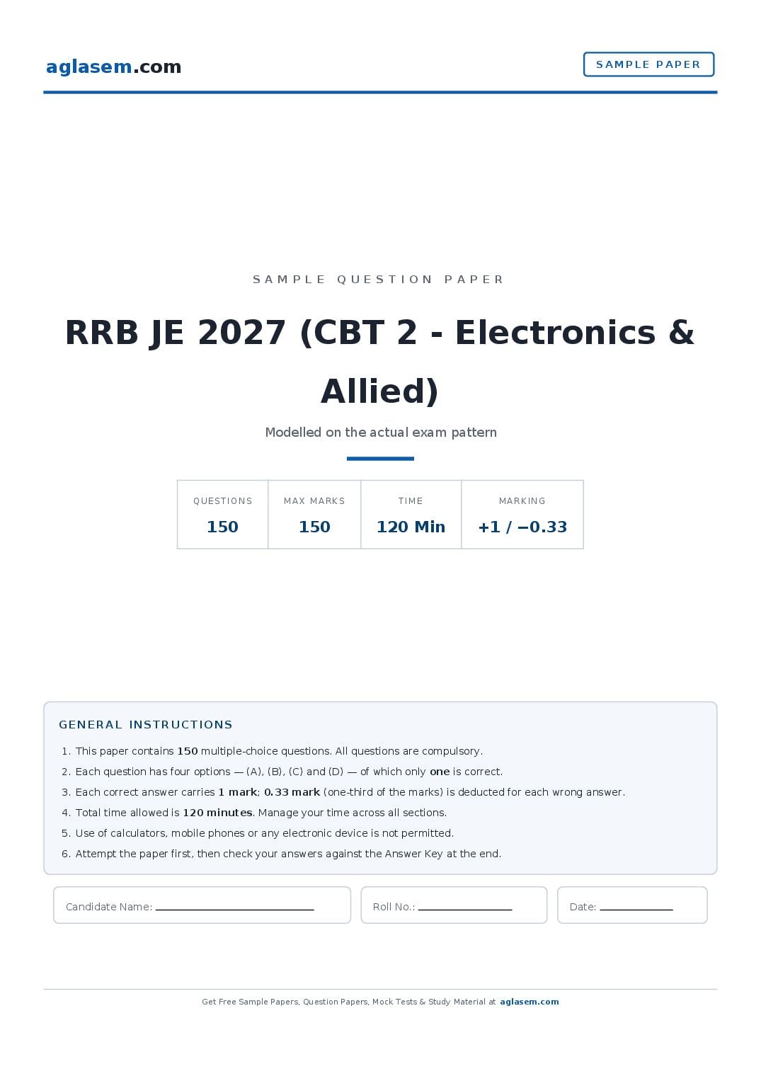 RRB JE 2027 Sample Paper (CBT 2 - Electronics & Allied) - Page 1 of 18
