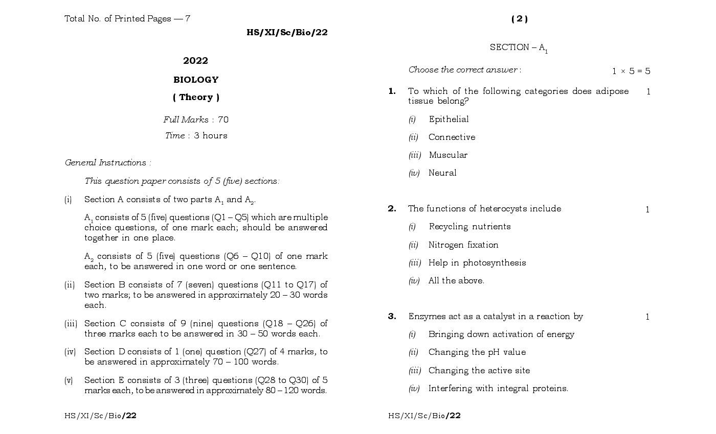 MBOSE Class 11 Question Paper 2022 for Biology - Page 1
