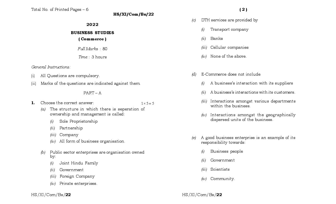 MBOSE Class 11 Question Paper 2022 for Business Studies - Page 1