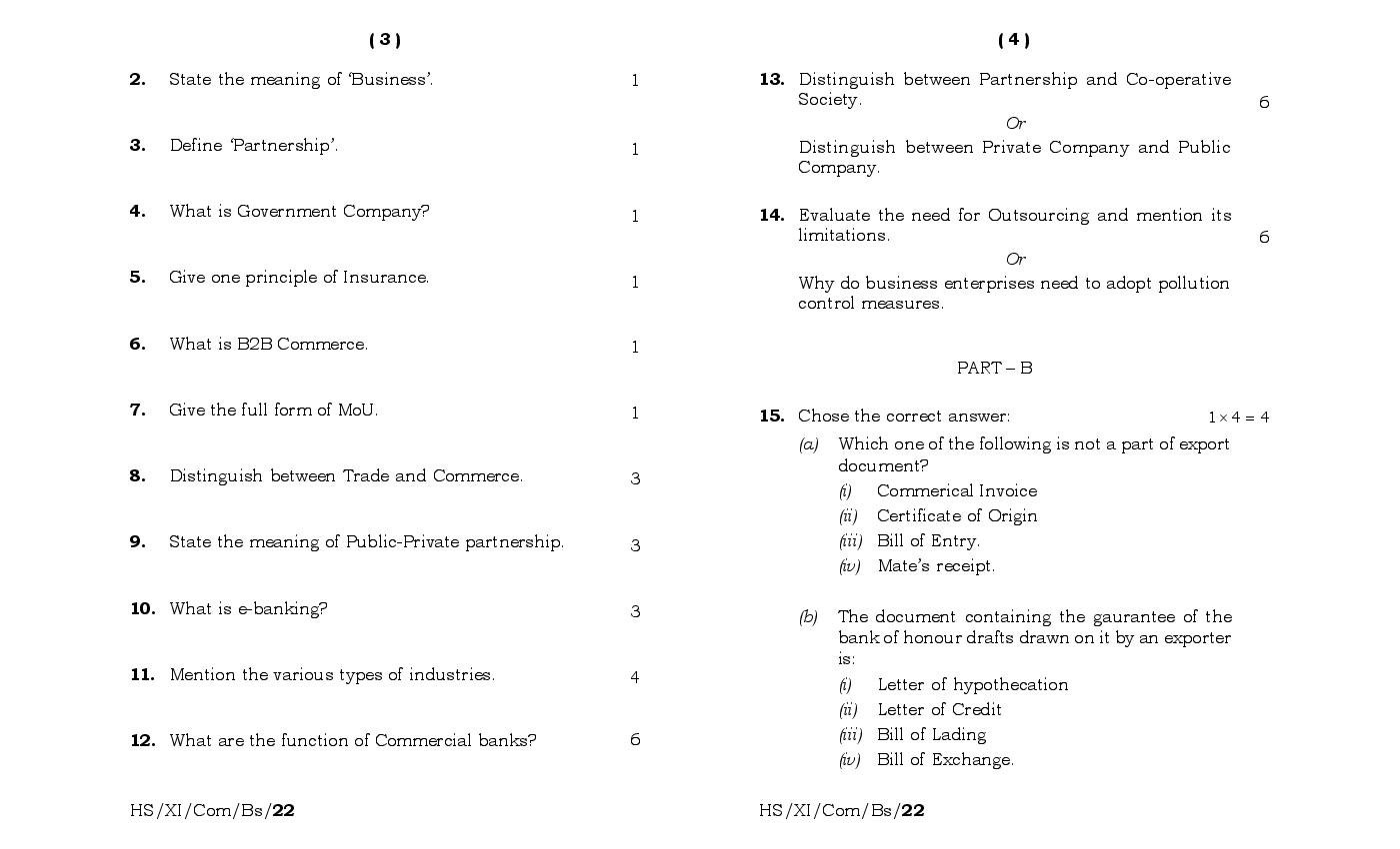 Meghalaya Board (MBOSE) Class 11 Question Paper for Business Studies (PDF)