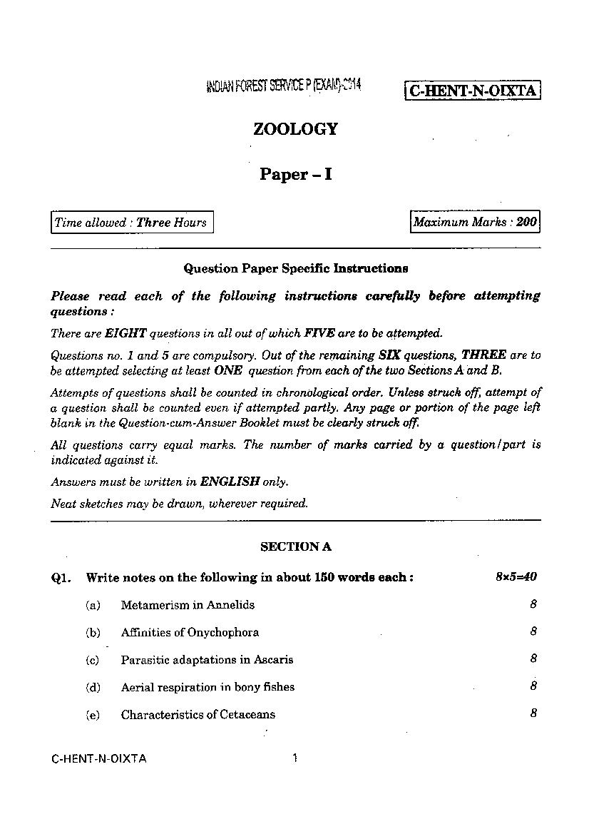 UPSC IFS 2014 Question Paper for Zoology Paper I - Page 1